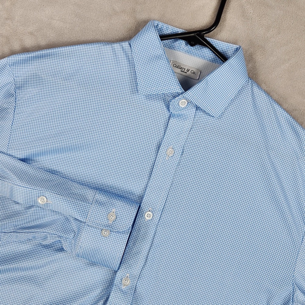 Collars & Co. Polo Shirt Mens Medium Blue Houndstooth Dress Collar Long Sleeve